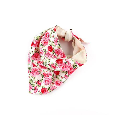 pink rose themed pet bandana tied at back with a knot and on a white background