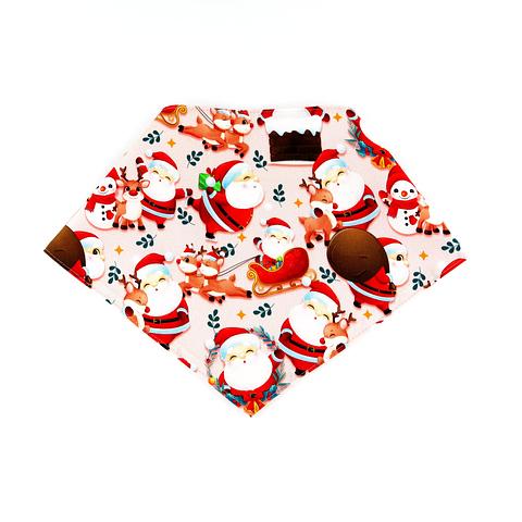 front of pet bandana with santa &amp; rudolph print on  soft pink background