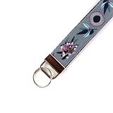 image of grey wristlet key ring featuring gum leaves and gumnuts on white background